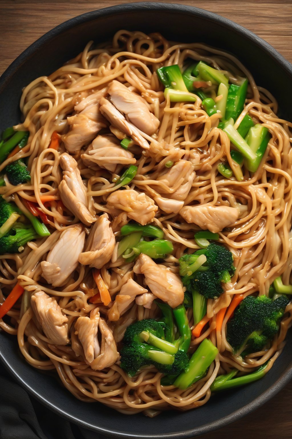A high-resolution photo of a steaming bowl of classic chicken lo mein with glossy noodles, tender chicken slices, and vibrant veggies under soft lighting.