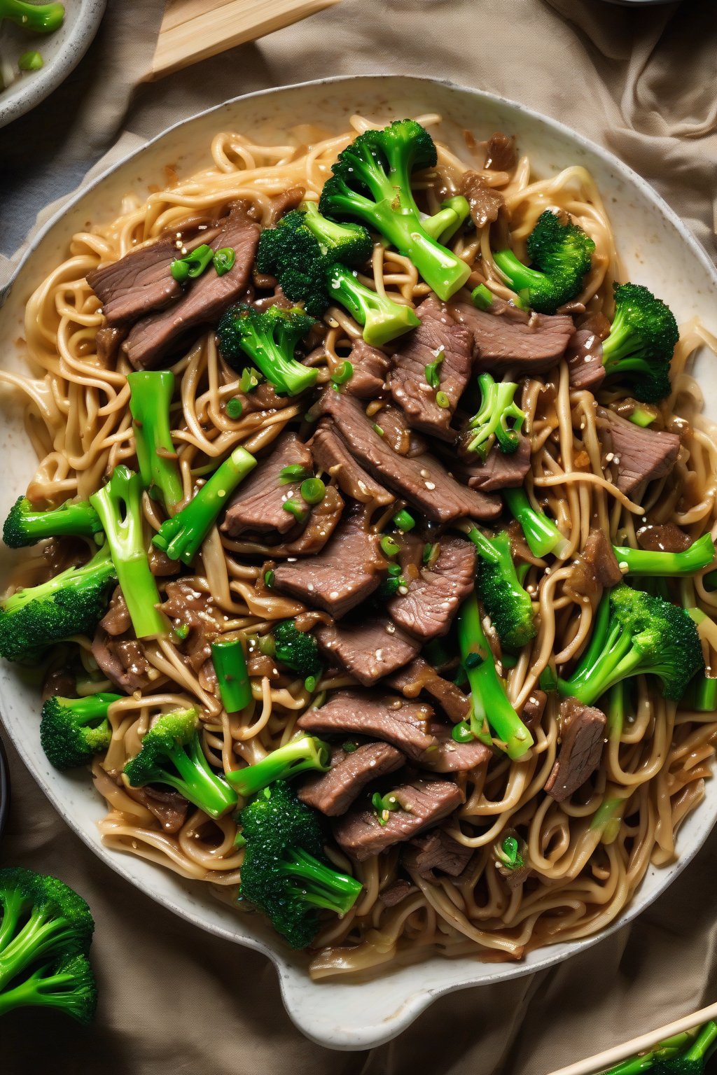 A high-resolution photo of beef and broccoli lo mein piled high with glossy noodles, seared beef strips, and bright green broccoli under soft lighting.