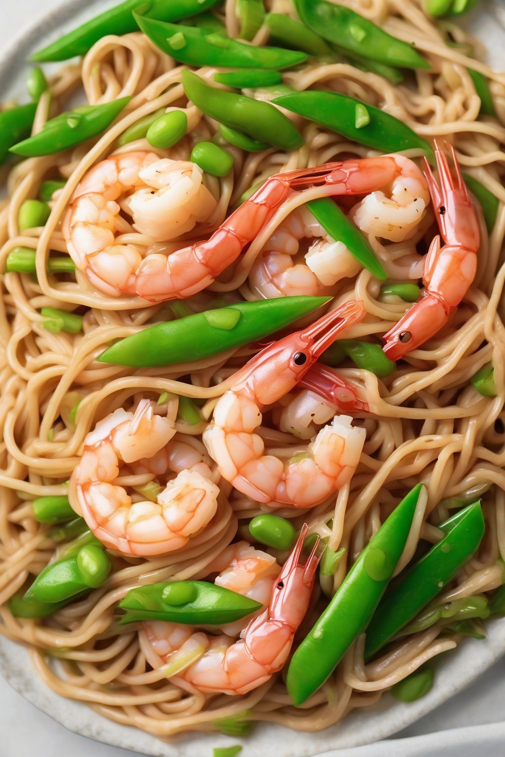 A high-resolution photo of garlic shrimp lo mein with plump pink shrimp, glossy noodles, and fresh snap peas under soft lighting.