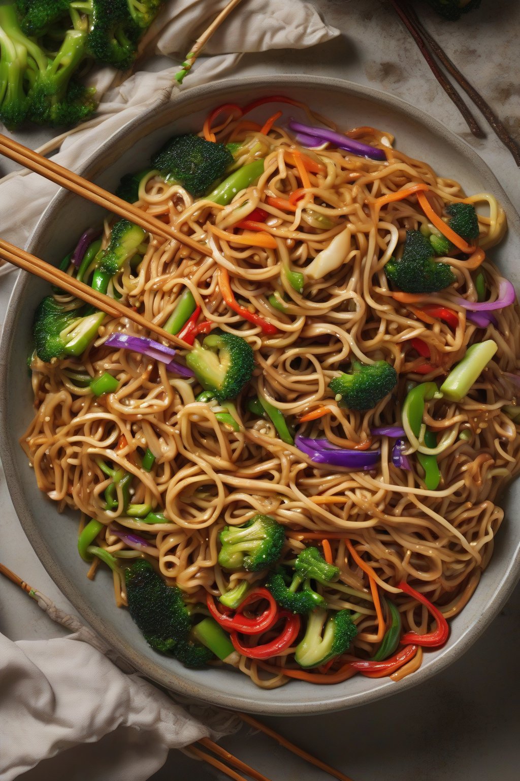 A high-resolution photo of veggie-packed lo mein brimming with colorful stir-fried vegetables and saucy noodles under soft lighting.