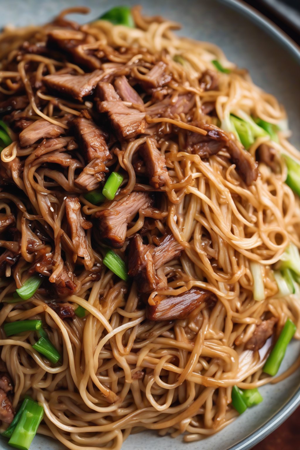 A high-resolution photo of BBQ pork lo mein with shredded smoky pork, crisp cabbage, and glossy noodles under soft lighting.