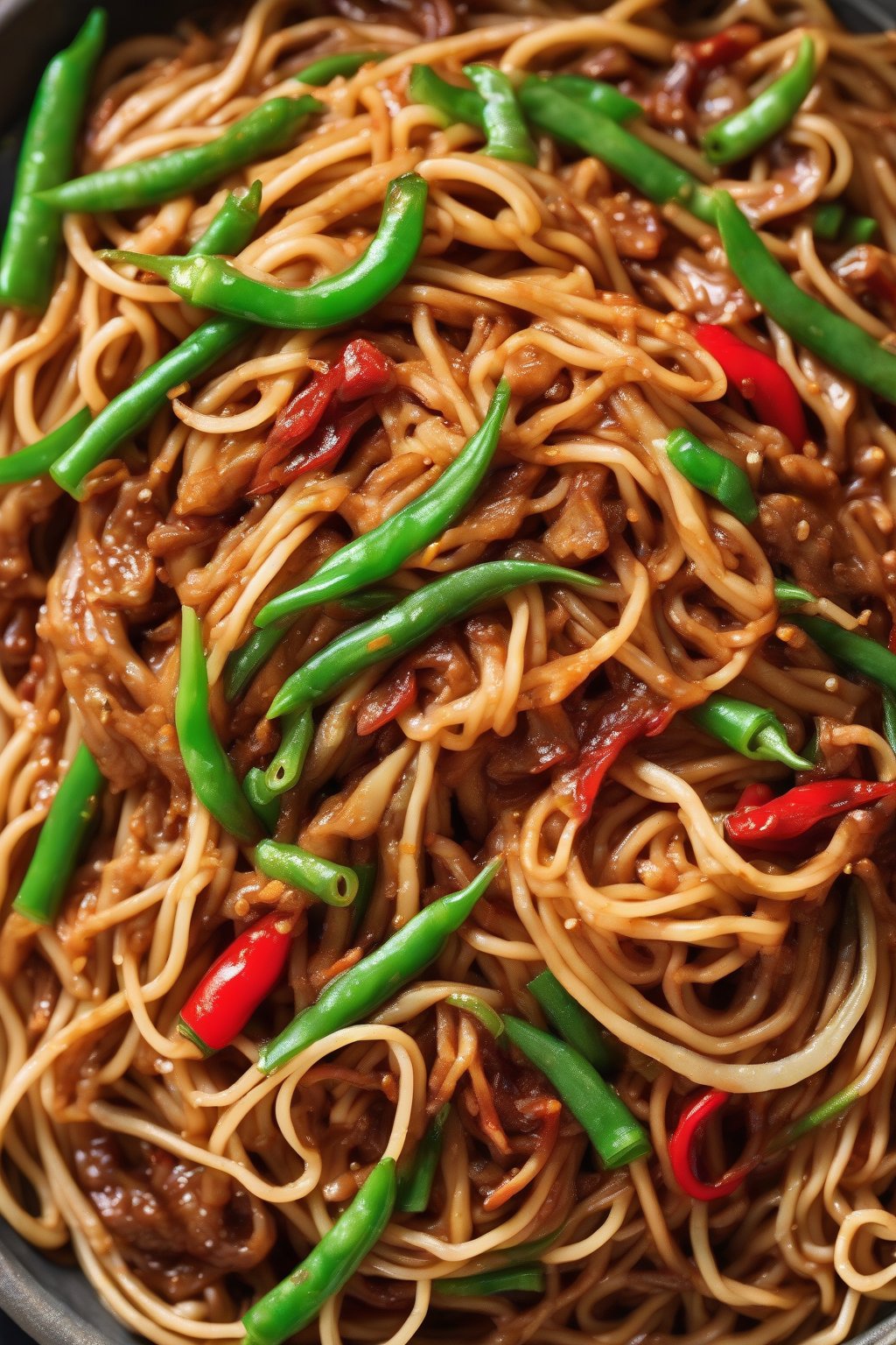 A high-resolution photo of spicy Szechuan lo mein with fiery red chilies, green beans, and slick noodles under soft lighting.