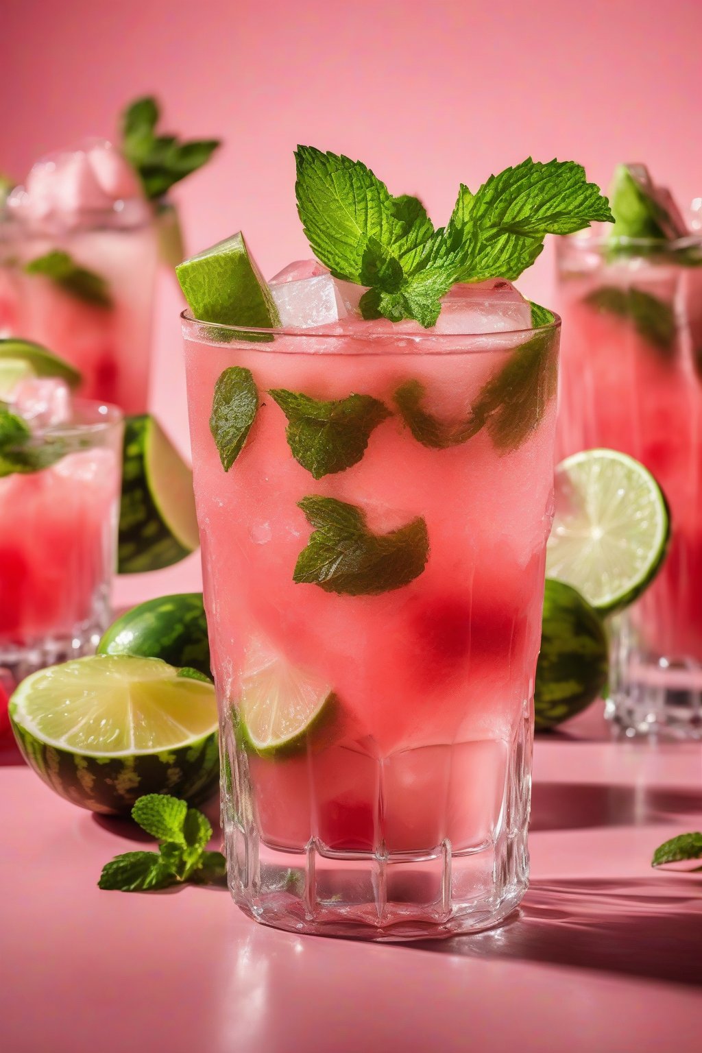 A high-resolution photo of a watermelon mojito with pink chunks and mint floating, served in a clear glass with lime wedge, under soft lighting.