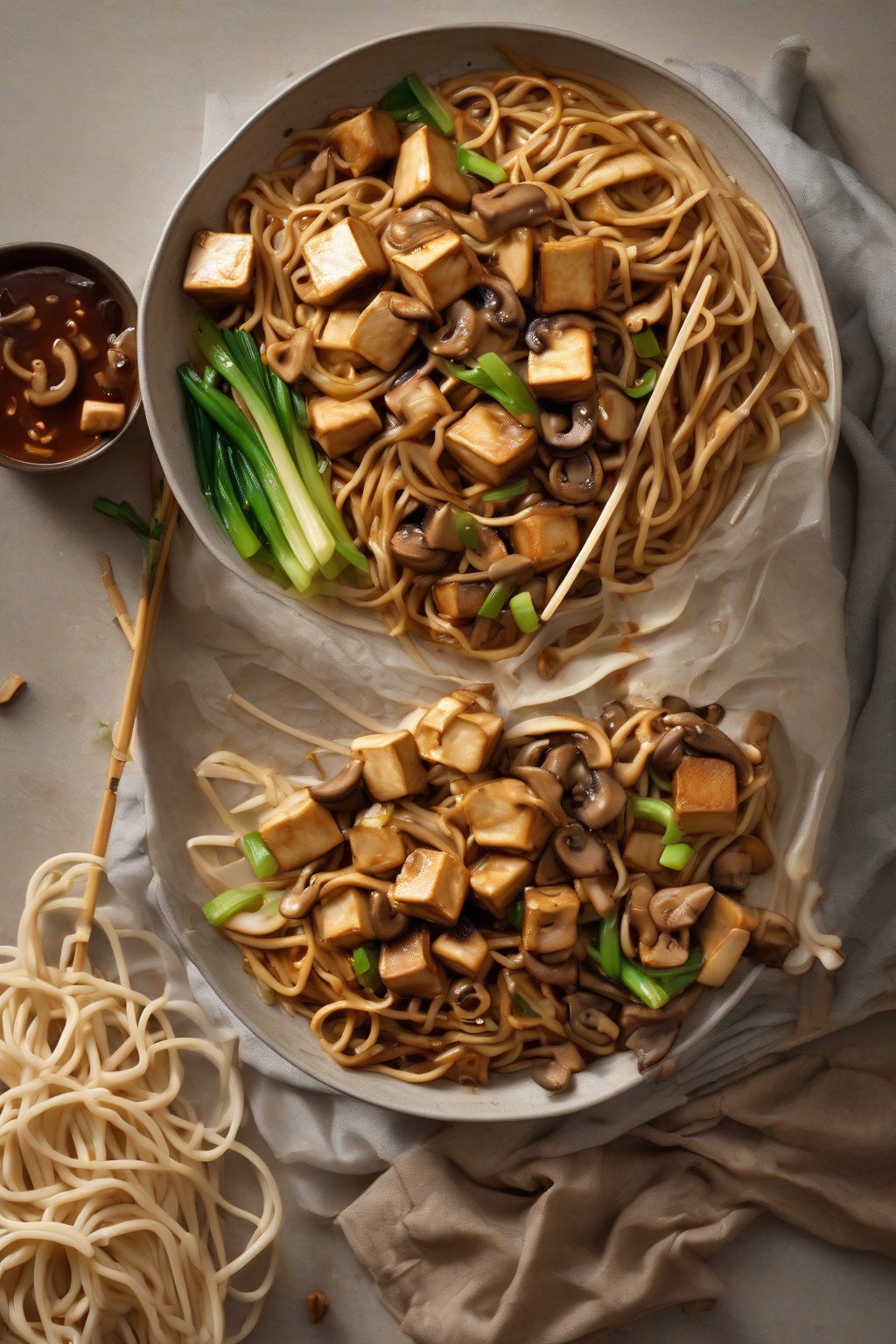 A high-resolution photo of tofu and mushroom lo mein featuring golden tofu cubes, sliced mushrooms, and saucy noodles under soft lighting.
