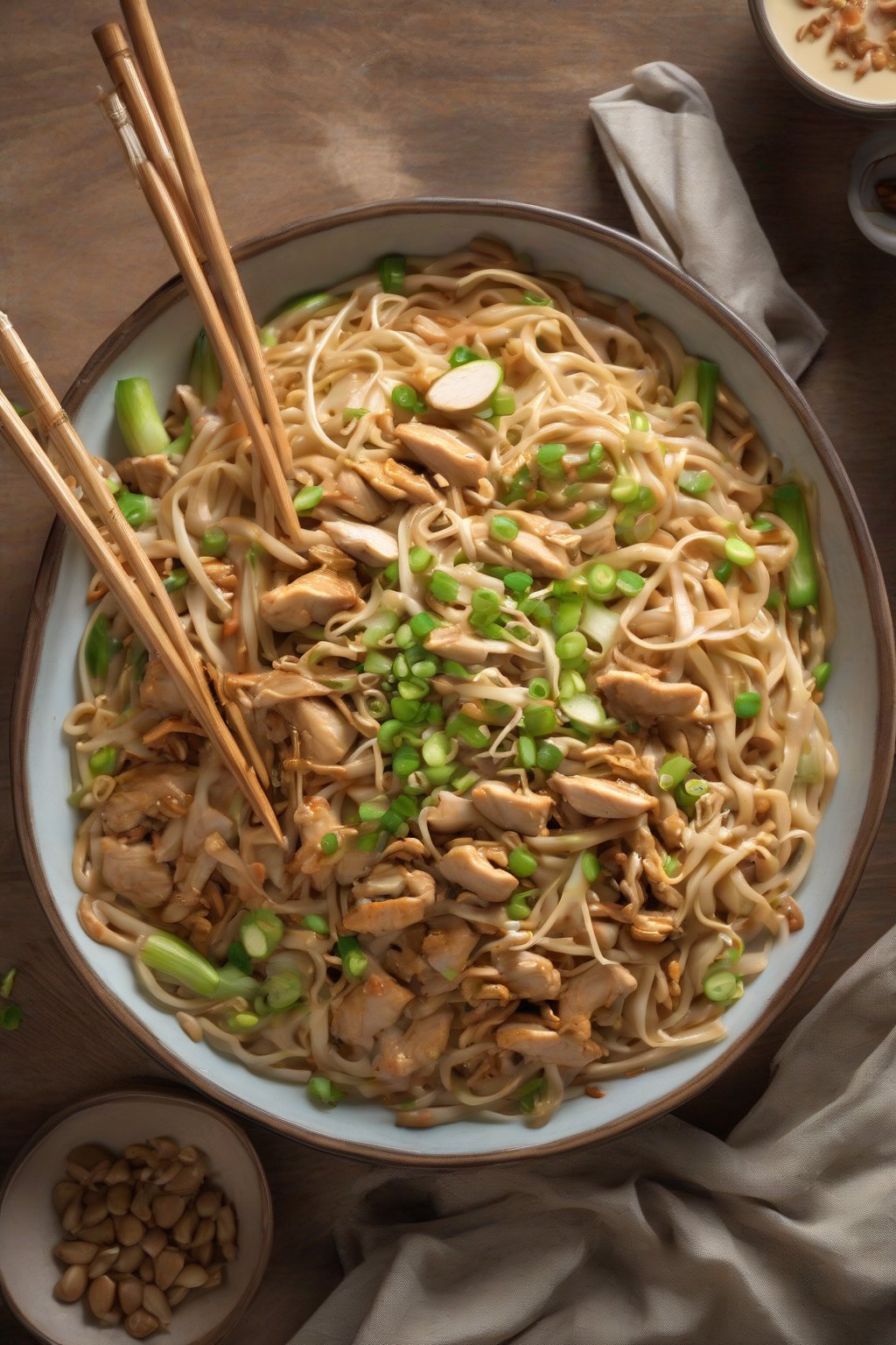 A high-resolution photo of peanutty chicken lo mein with creamy sauce-coated noodles, diced chicken, and fresh sprouts under soft lighting.
