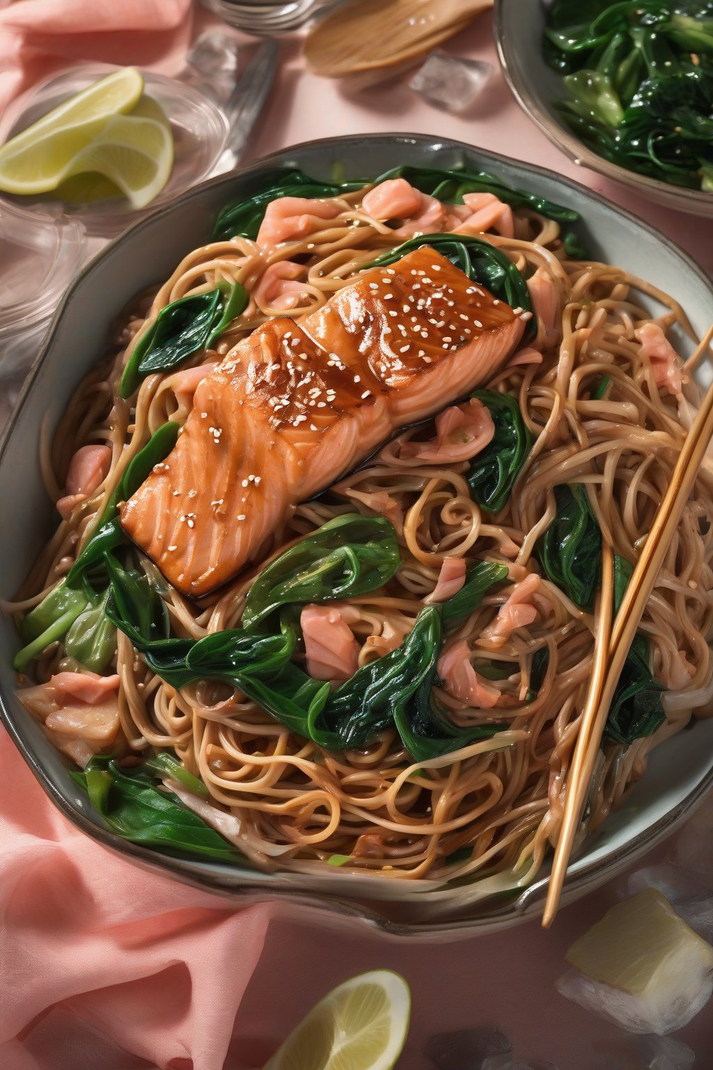 A high-resolution photo of teriyaki salmon lo mein with pink salmon chunks, wilted spinach, and glossy noodles under soft lighting.