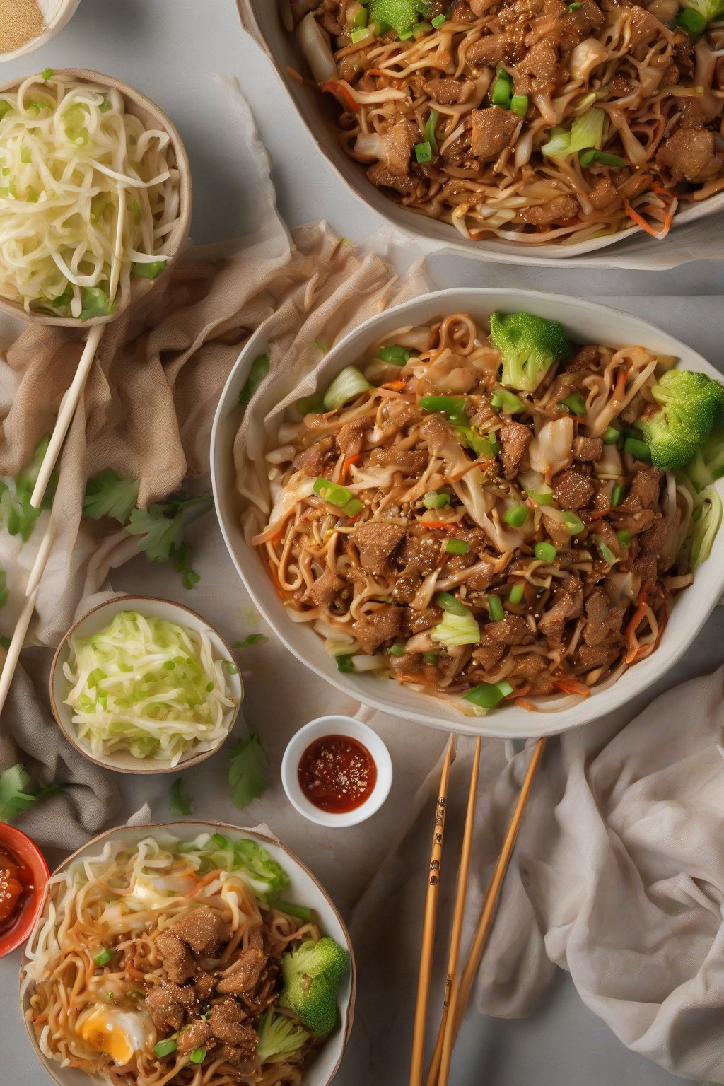 A high-resolution photo of egg roll in a bowl lo mein with ground turkey, shredded cabbage, and saucy noodles under soft lighting.