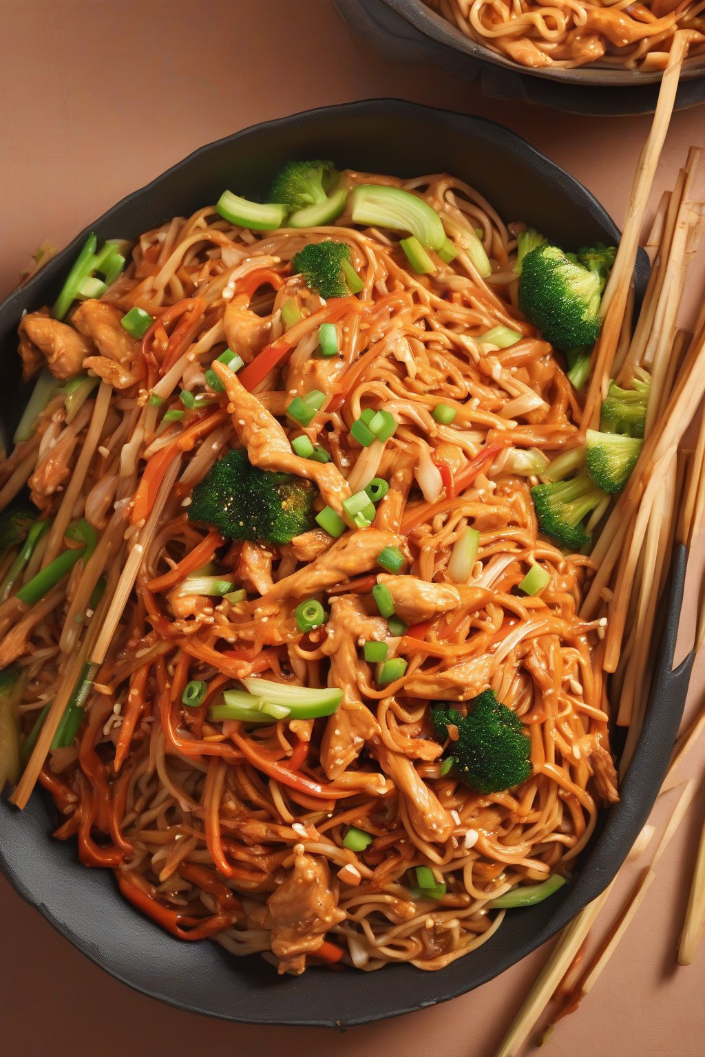 A high-resolution photo of buffalo chicken lo mein with shredded spicy chicken, crisp veggies, and red-sauced noodles under soft lighting.