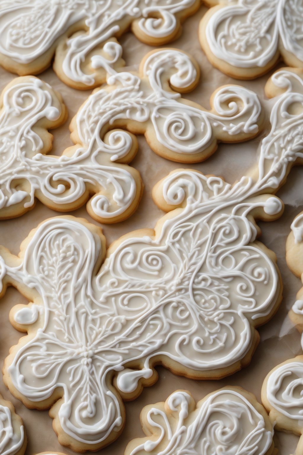 A high-resolution photo of glossy classic royal icing piped into delicate swirls on sugar cookies under soft lighting.