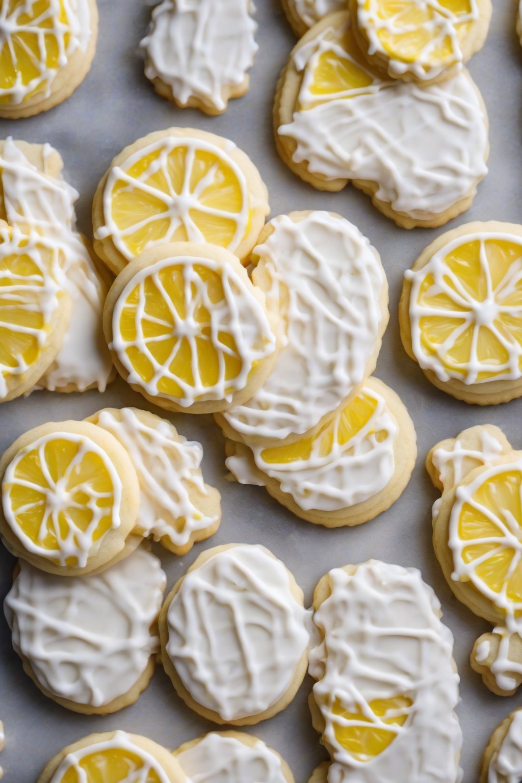A high-resolution photo of zesty lemon royal icing drizzled over lemon shortbread cookies under soft lighting.