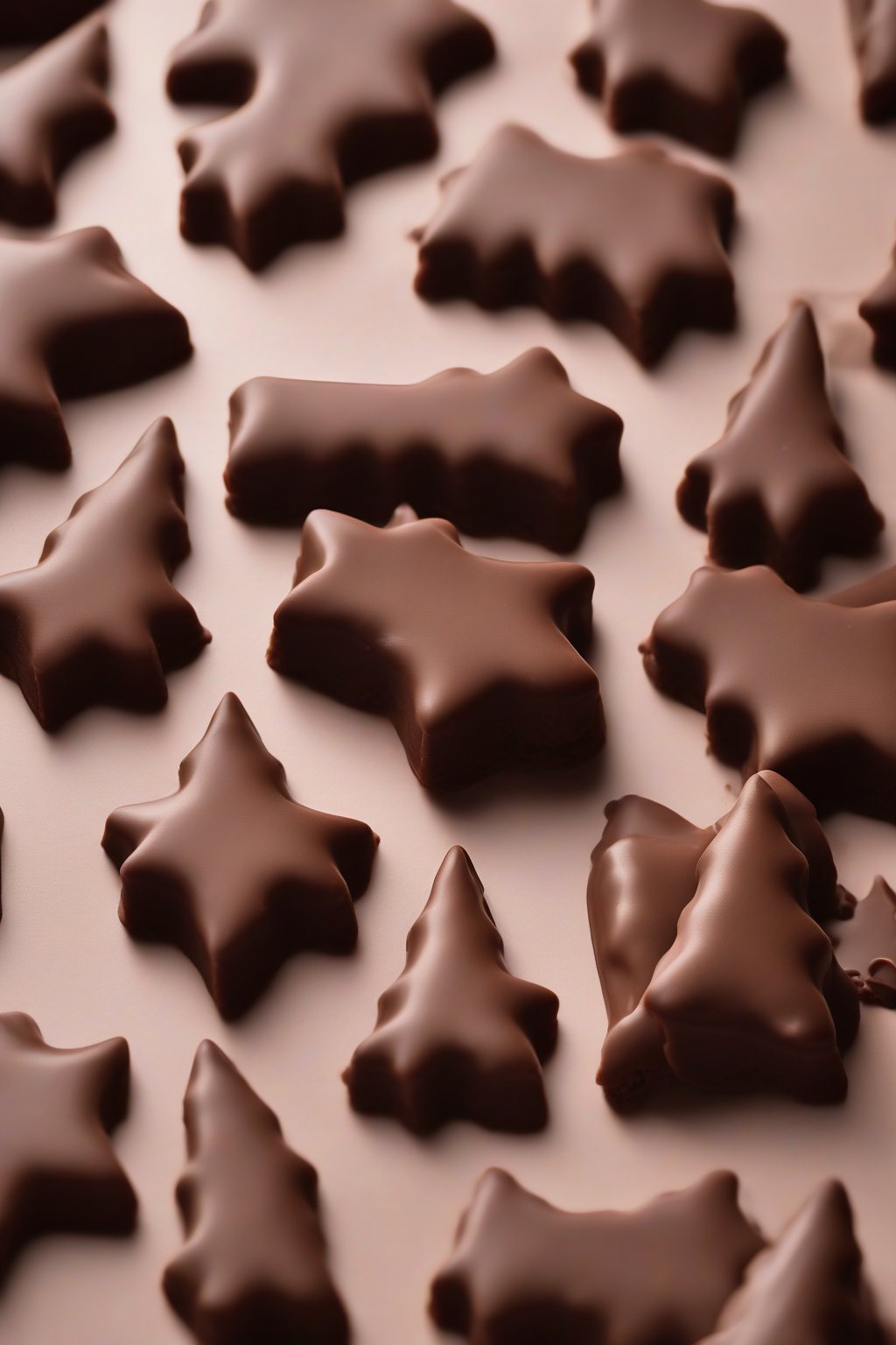 A high-resolution photo of velvety chocolate royal icing forming shiny peaks on chocolate cutouts under soft lighting.