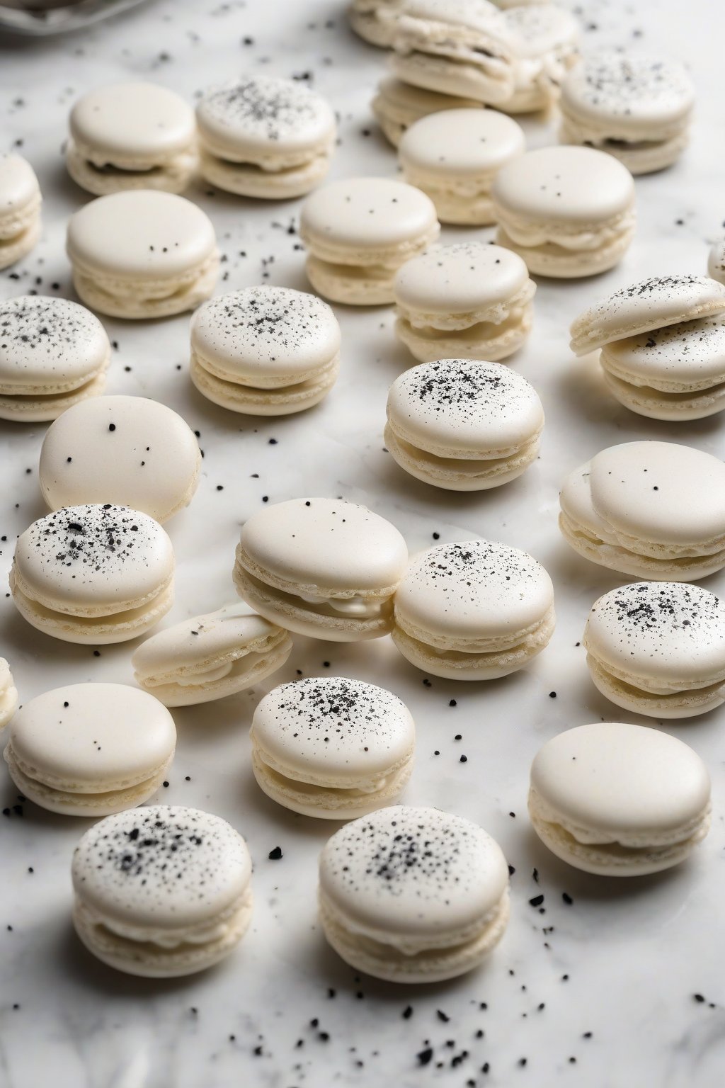 A high-resolution photo of vanilla bean royal icing with black specks piped on white macarons under soft lighting.