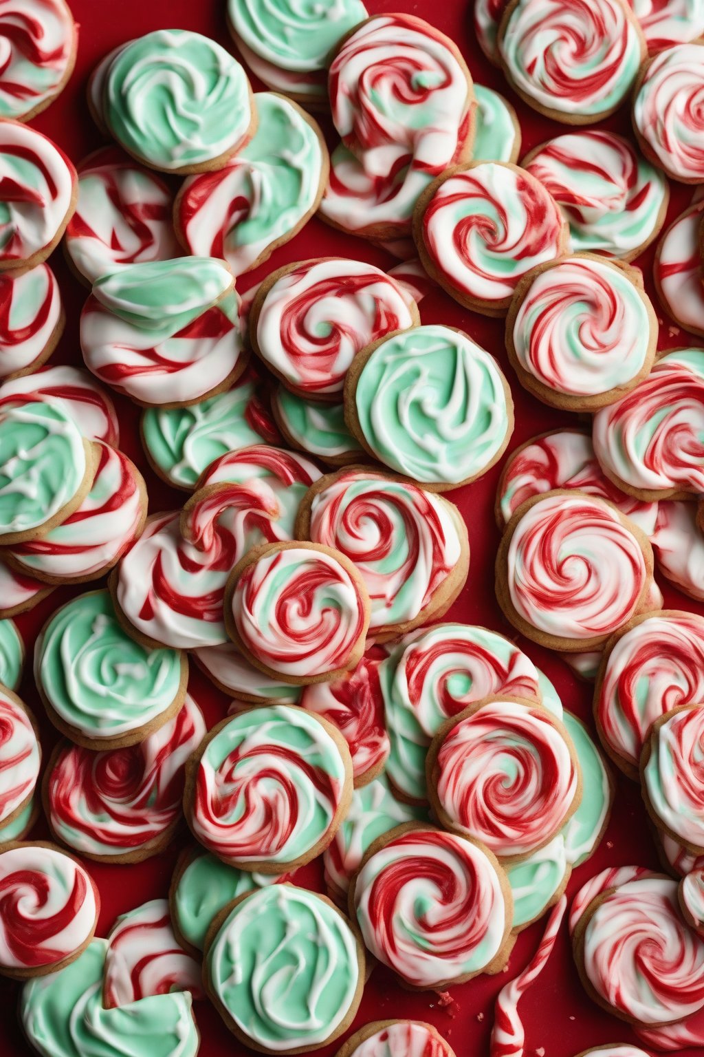 A high-resolution photo of minty peppermint royal icing swirled on red-and-white peppermint cookies under soft lighting.