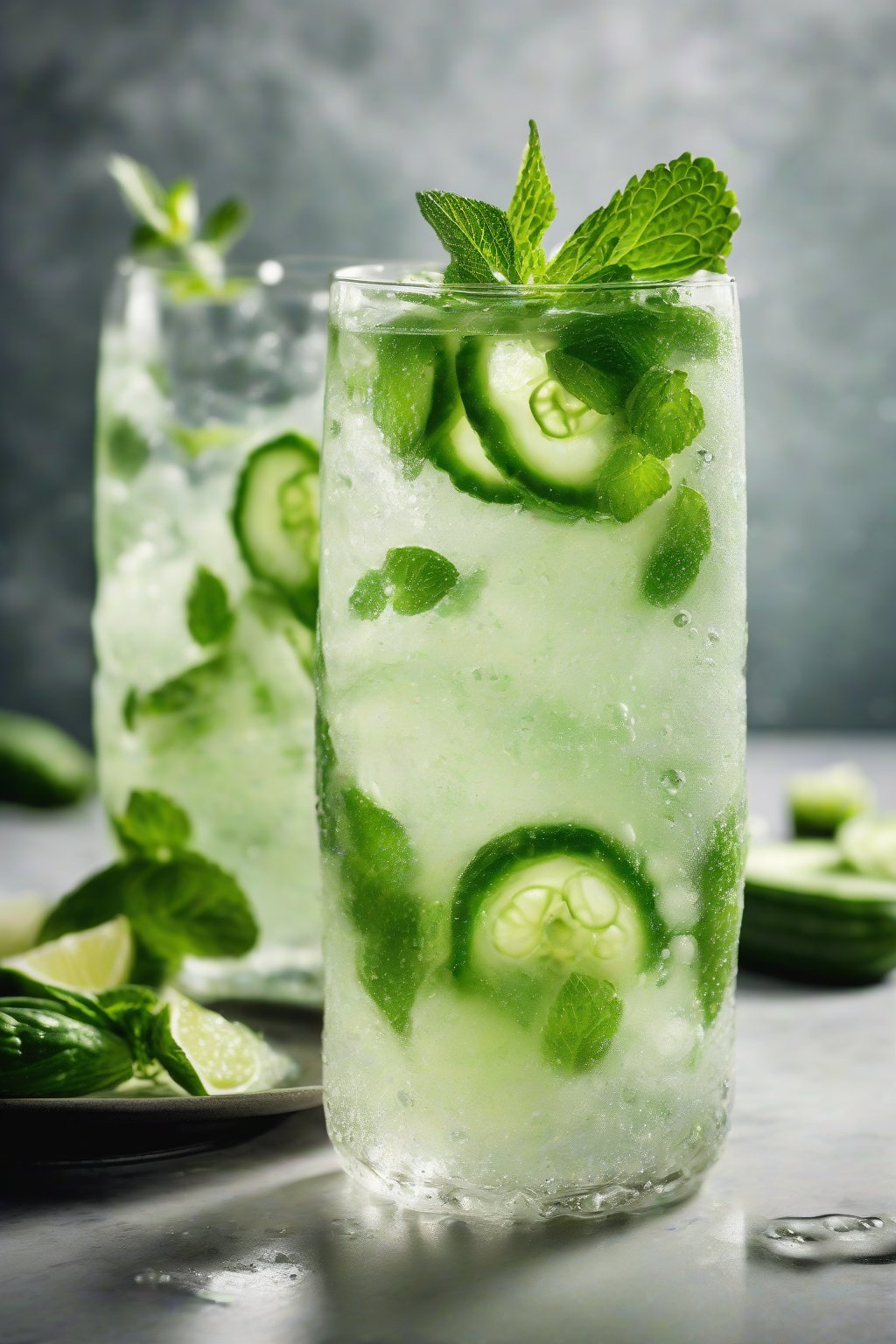 A high-resolution photo of a cucumber mojito with thin slices cascading down the glass, mint garnish, and bubbles rising, under soft lighting.