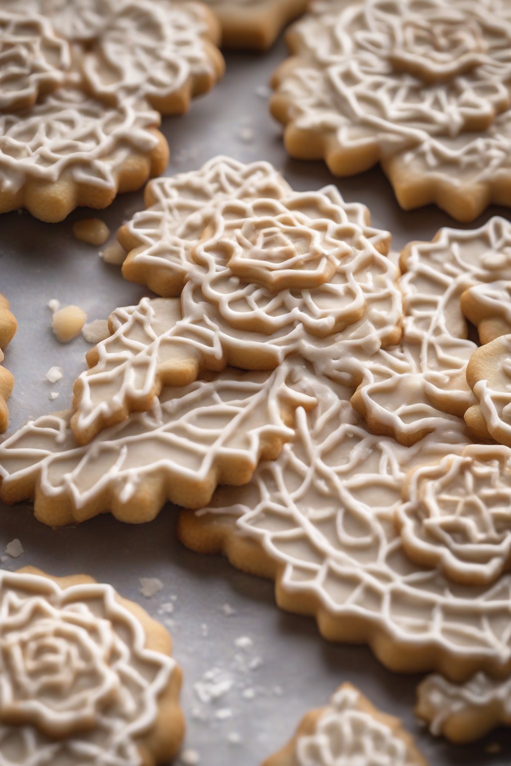 A high-resolution photo of nutty almond royal icing piped into rosettes on linzer cookies under soft lighting.