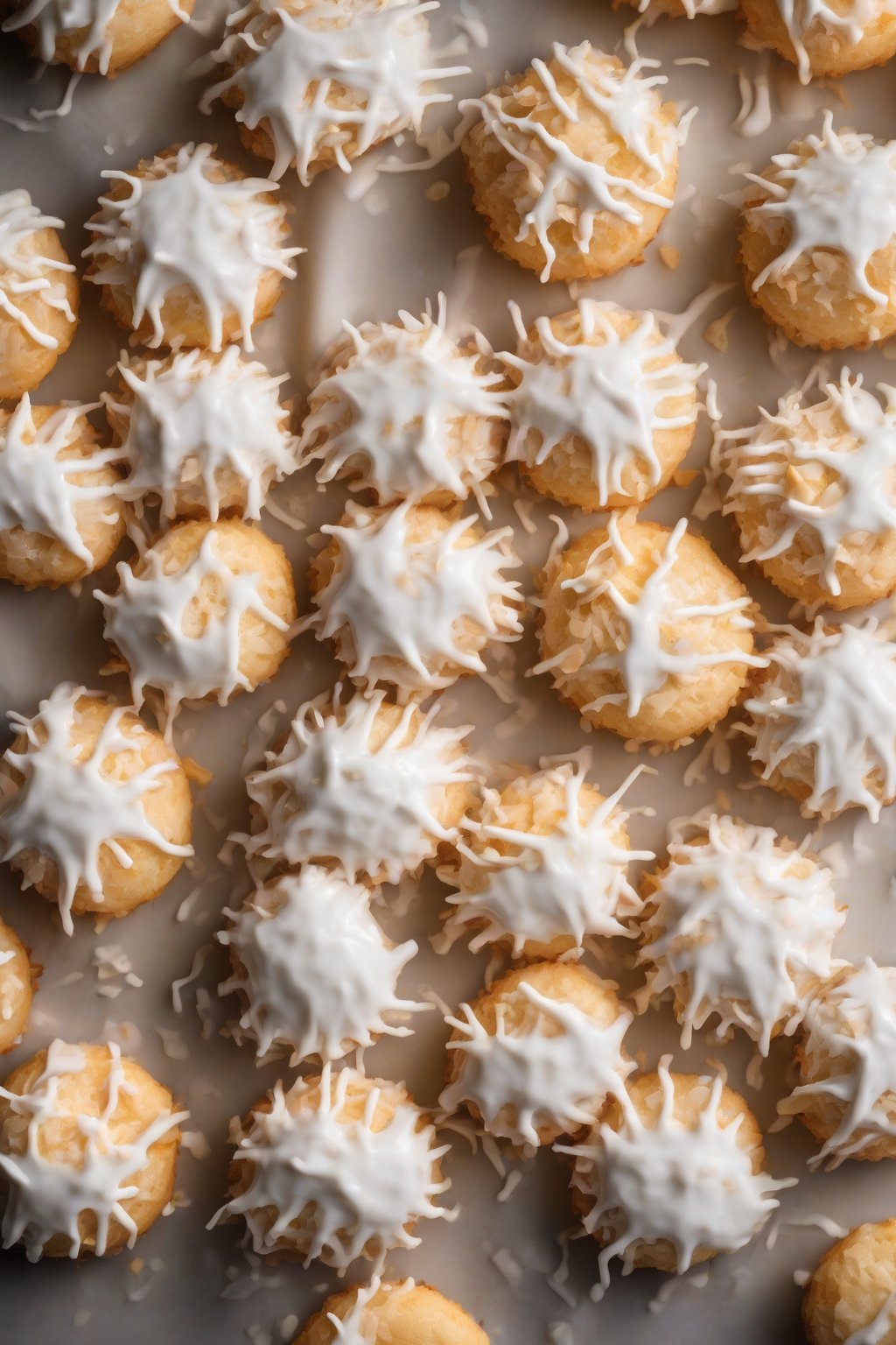 A high-resolution photo of tropical coconut royal icing cascading over coconut macaroons under soft lighting.
