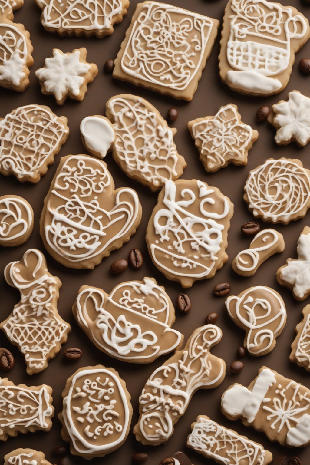 A high-resolution photo of bold coffee royal icing with latte designs on espresso shortbread under soft lighting.