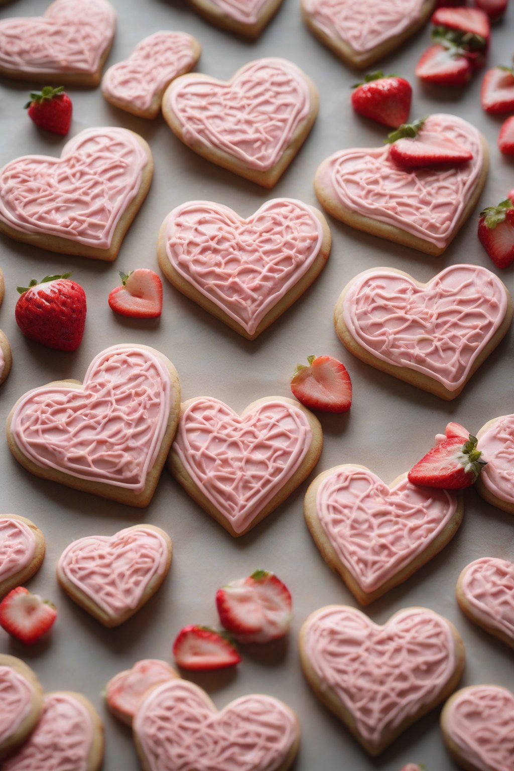 A high-resolution photo of berry strawberry royal icing flooding heart-shaped cookies under soft lighting.