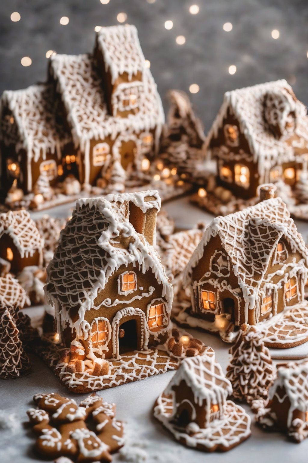 A high-resolution photo of vegan aquafaba royal icing piped on gingerbread houses under soft lighting.