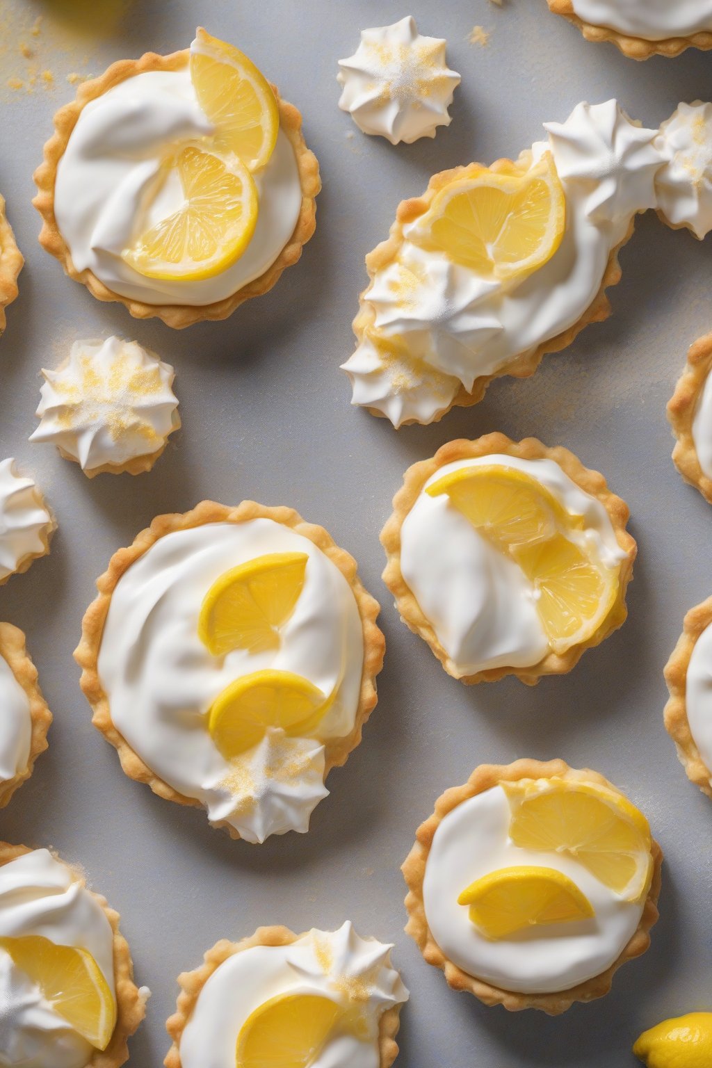 A high-resolution photo of lemon meringue powder royal icing forming crisp edges on citrus tarts under soft lighting.
