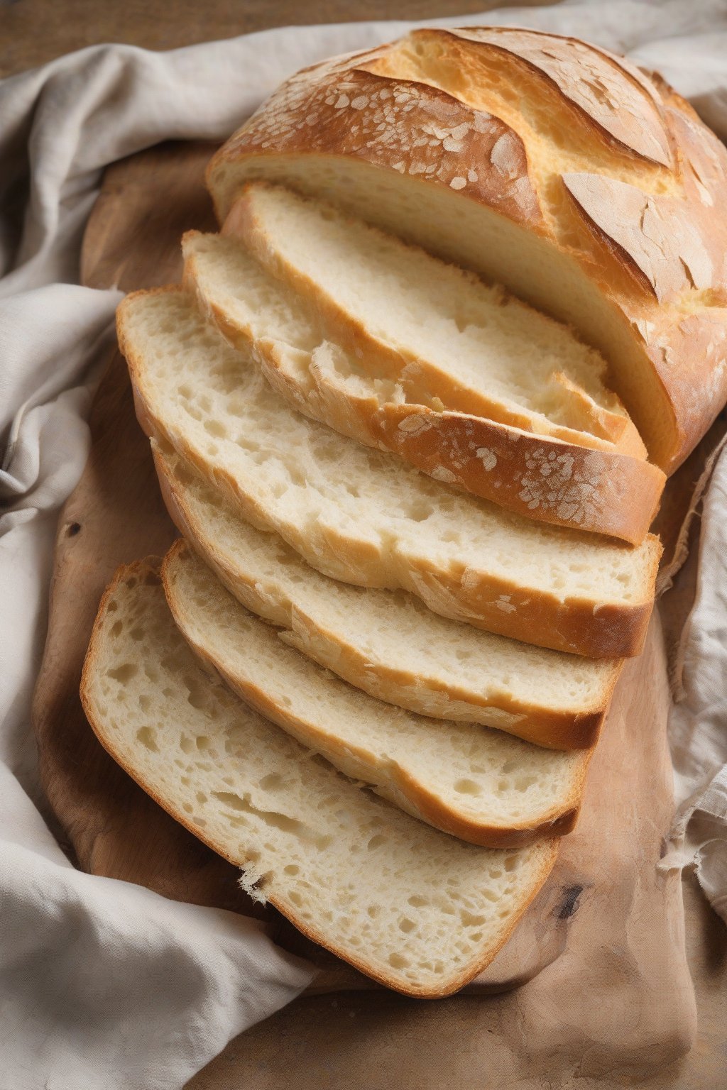 A high-resolution photo of a golden no-knead white bread loaf with a cracked crust, sliced to show soft interior, under soft lighting.
