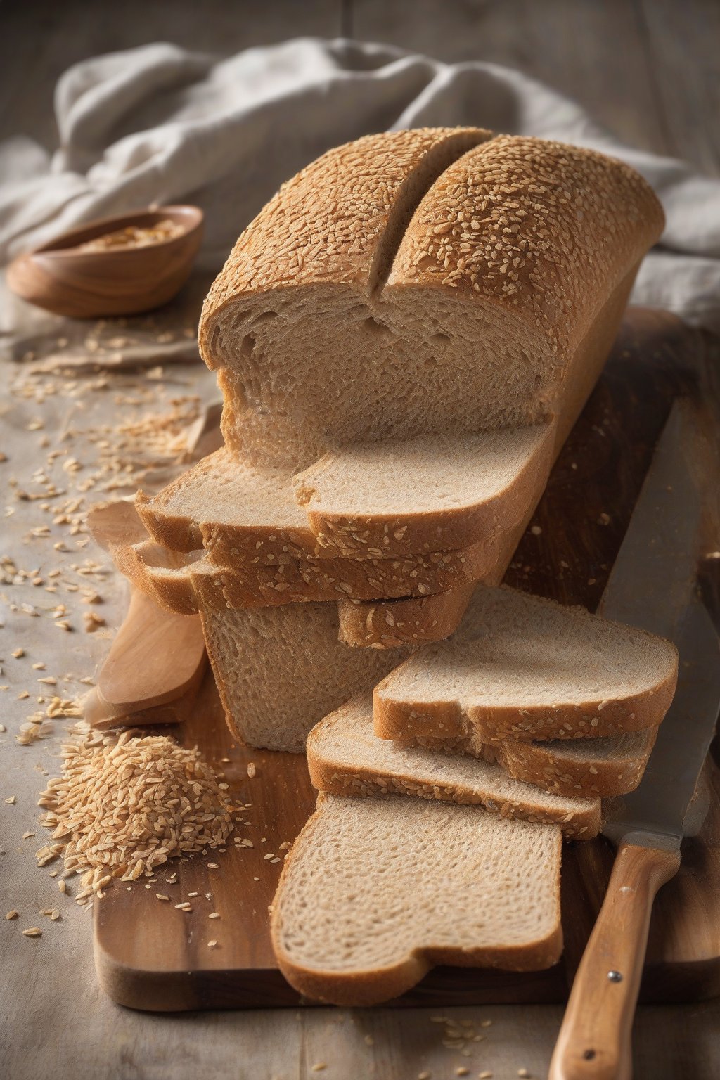 A high-resolution photo of sliced whole wheat sandwich bread on a wooden board, with soft crumbs and golden crust, under soft lighting.