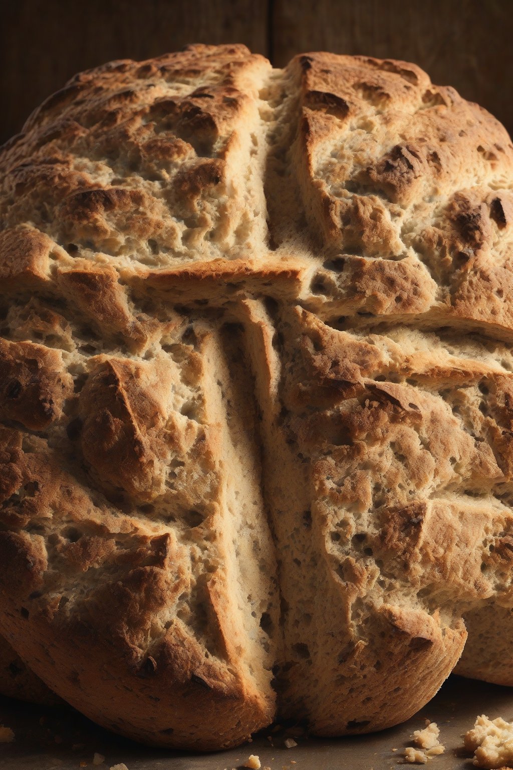 A high-resolution photo of a rustic Irish soda bread round with a cross score, cracked open to reveal crumbly texture, under soft lighting.