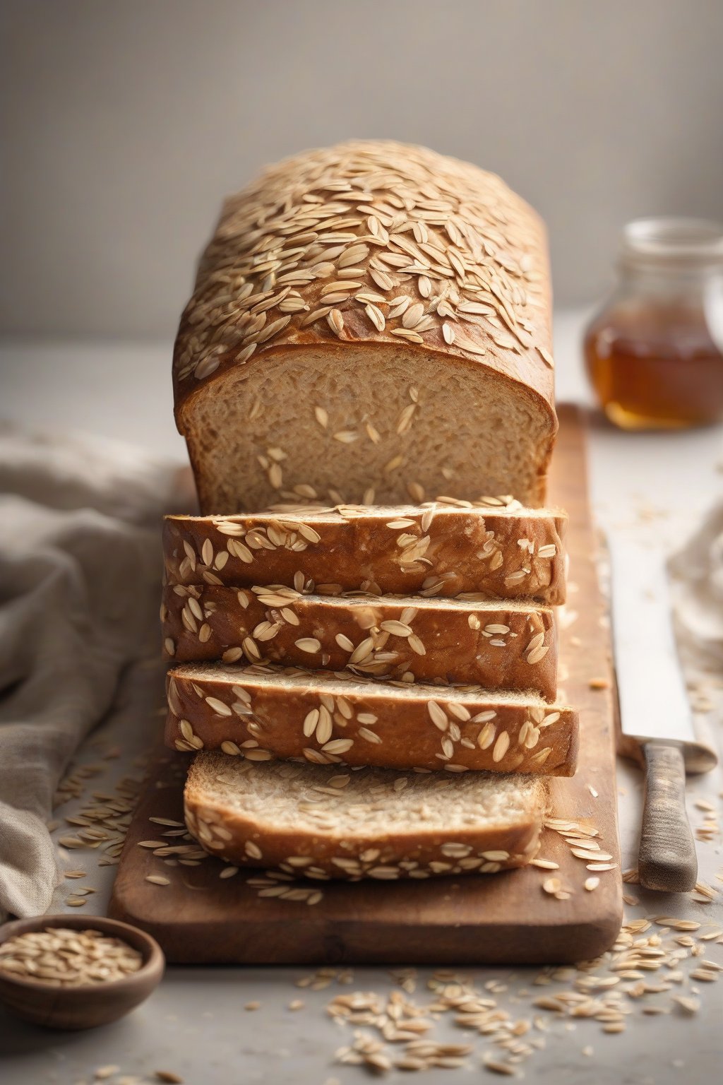 A high-resolution photo of honey oat bread loaf topped with oats, steam rising from a fresh slice, under soft lighting.