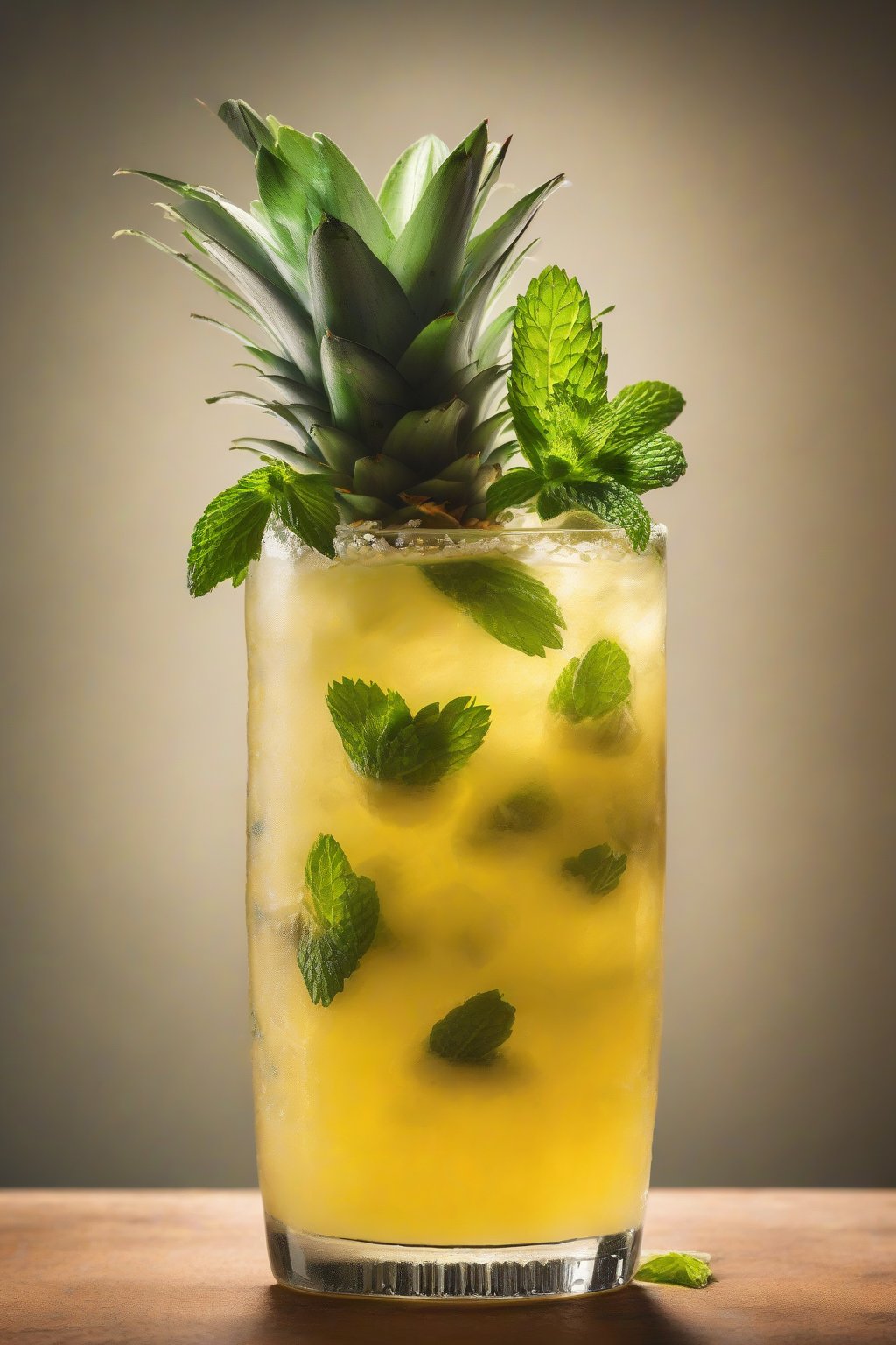 A high-resolution photo of a pineapple mojito topped with pineapple wedge and mint, golden hues in a chilled glass, under soft lighting.