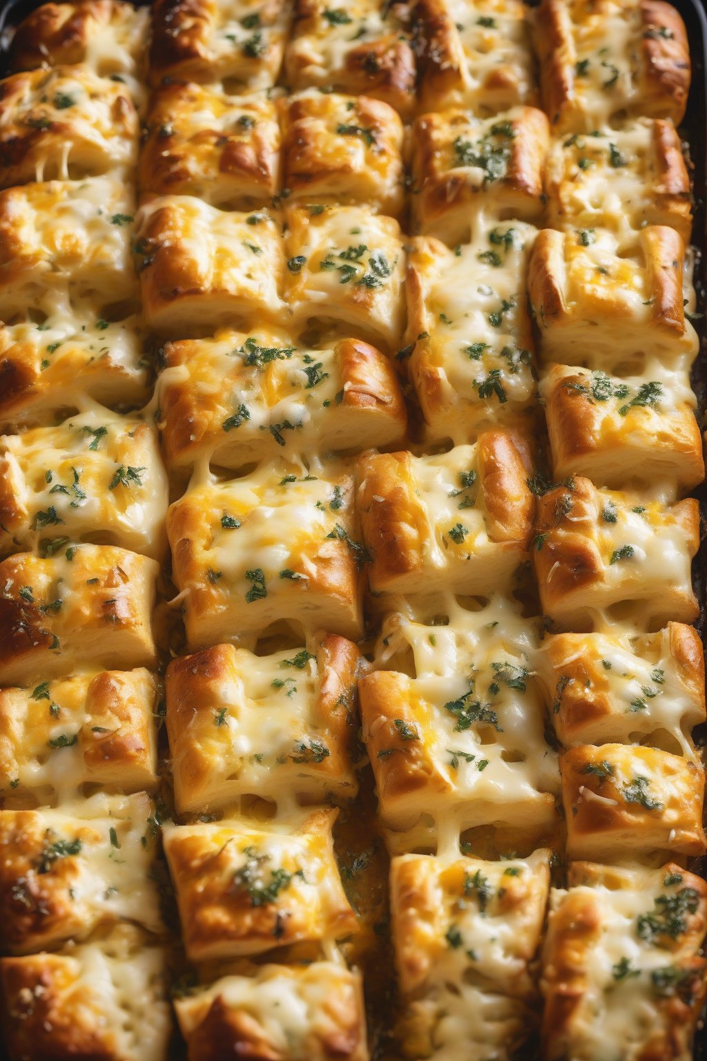 A high-resolution photo of pull-apart cheesy garlic bread, strings of melted cheese visible, garlic flecks on golden pieces, under soft lighting.