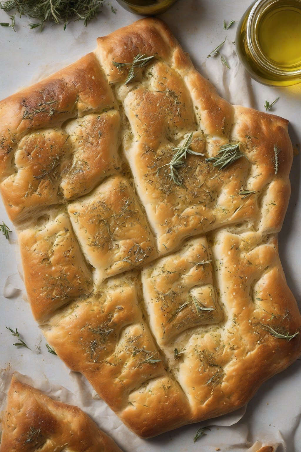 A high-resolution photo of herb-flecked focaccia with dimples pooling olive oil, crispy edges, under soft lighting.