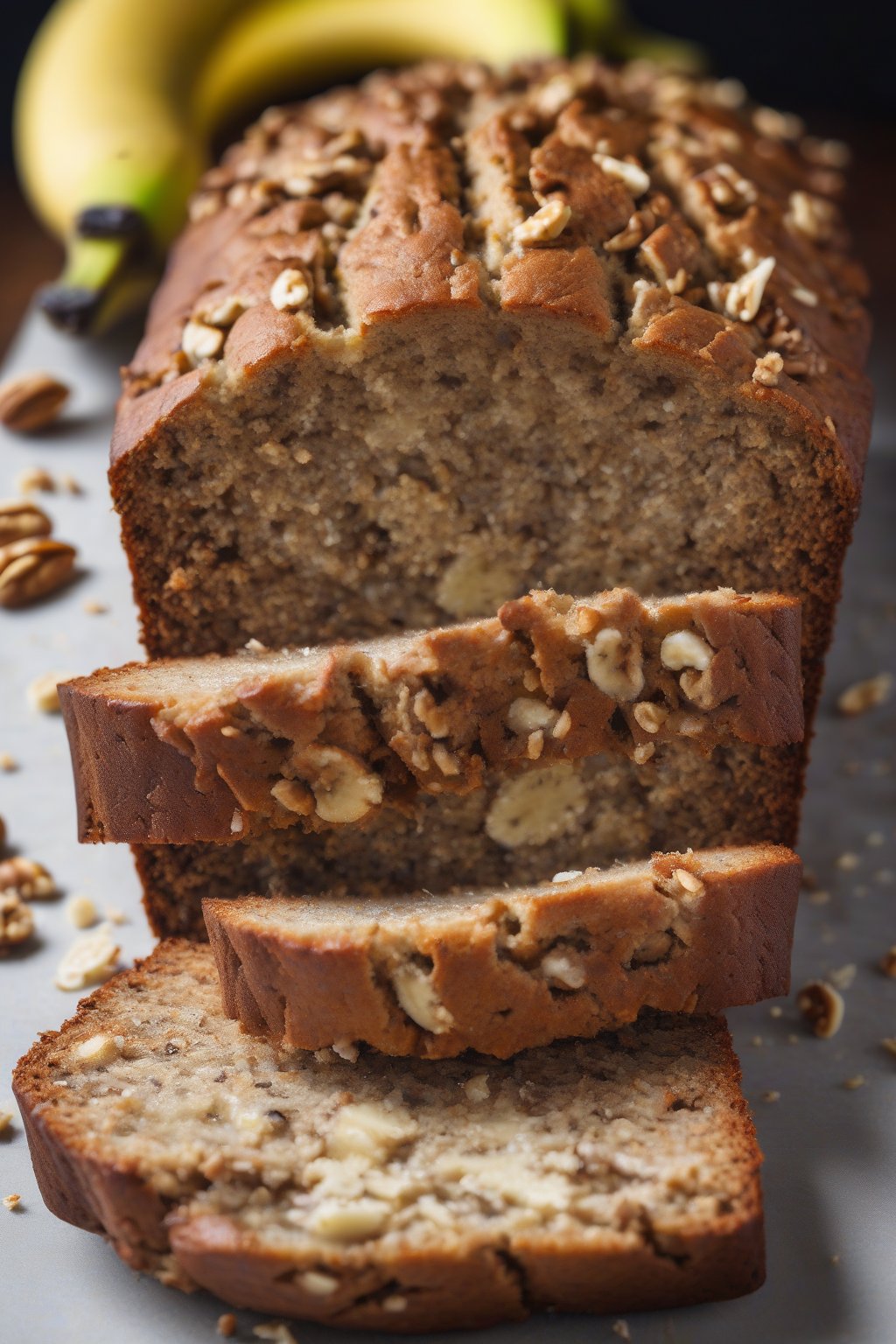 A high-resolution photo of banana nut bread sliced, showing dense crumb with walnut chunks and banana flecks, under soft lighting.
