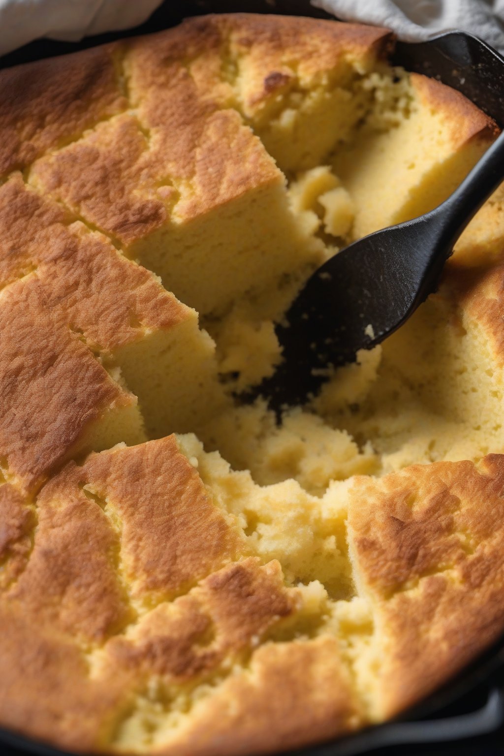 A high-resolution photo of wedge of cornbread in cast iron skillet, butter melting on top, crumbly golden texture, under soft lighting.