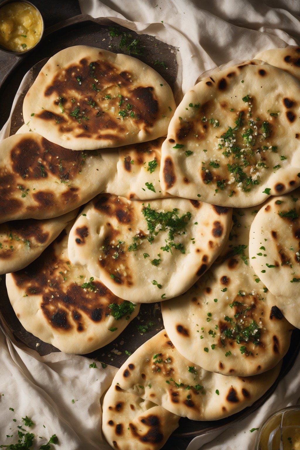 A high-resolution photo of stacked naan breads with charred bubbles and garlic butter shine, under soft lighting.