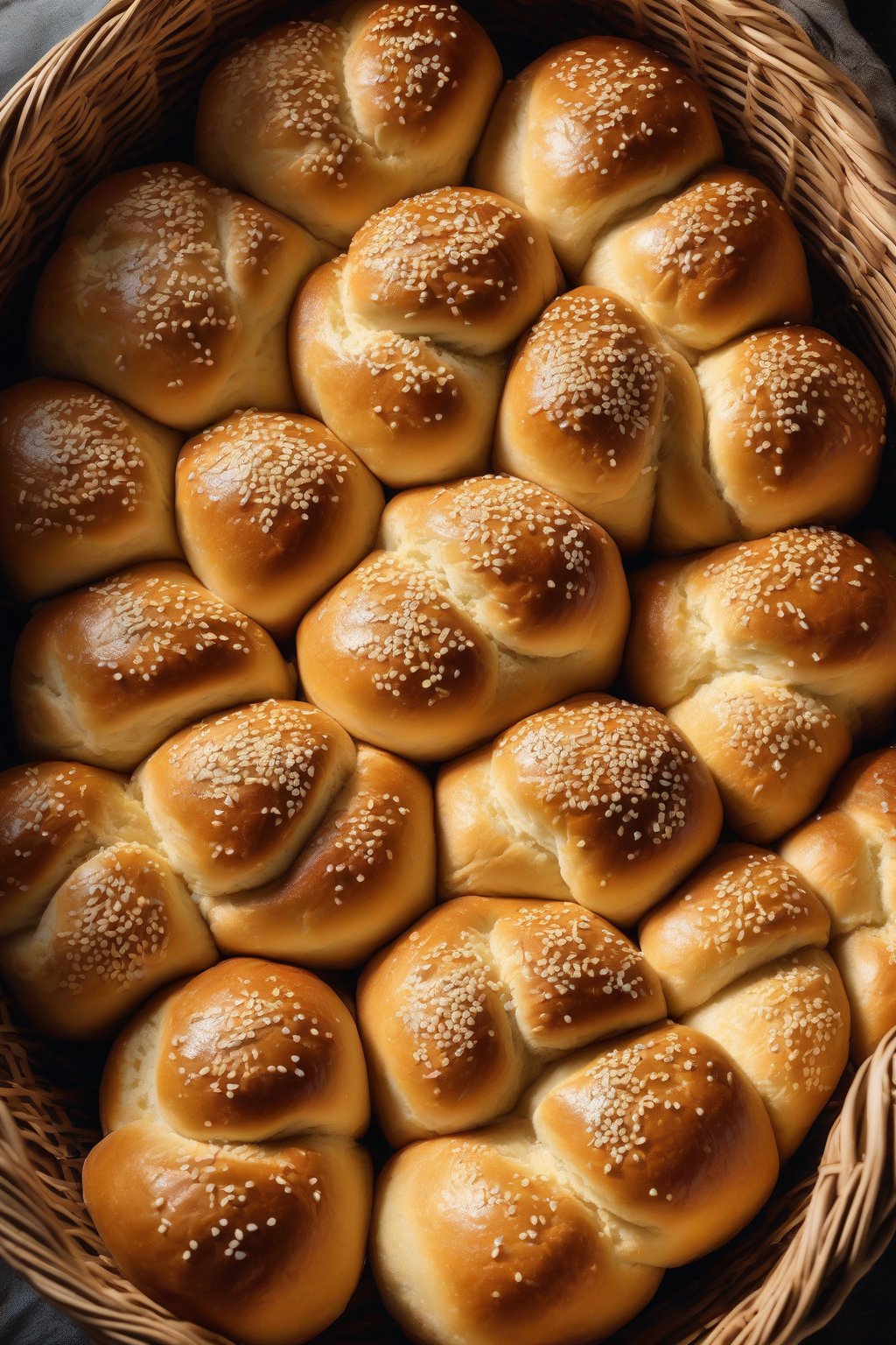 A high-resolution photo of golden dinner rolls in a basket, brushed with butter and sesame seeds, steam rising, under soft lighting.