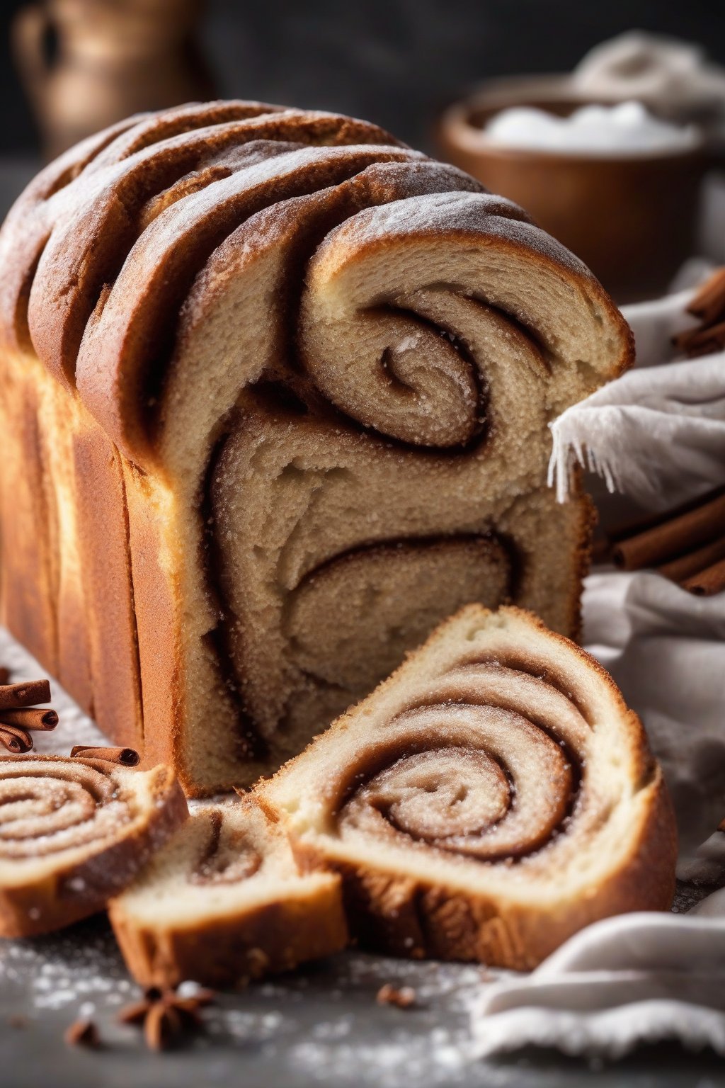 A high-resolution photo of cinnamon swirl bread sliced to show spiraled filling, powdered sugar dusting, under soft lighting.