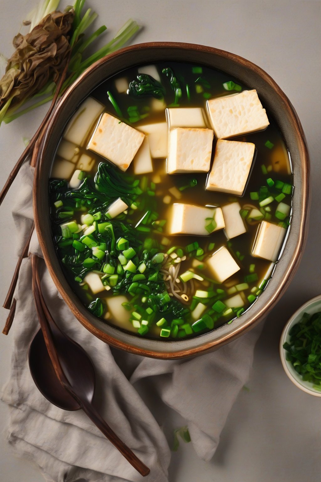 A high-resolution photo of steaming classic tofu wakame miso soup in a rustic bowl, garnished with green onions, under soft lighting.