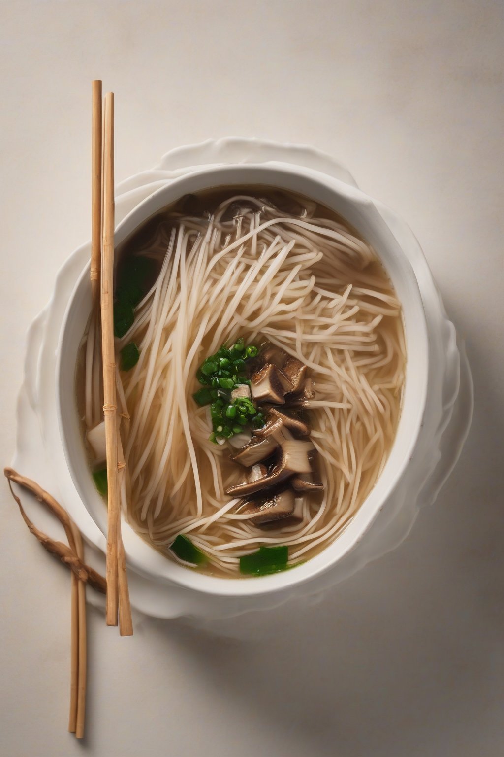 A high-resolution photo of shiitake mushroom miso soup with delicate enoki strands in a white bowl, under soft lighting.