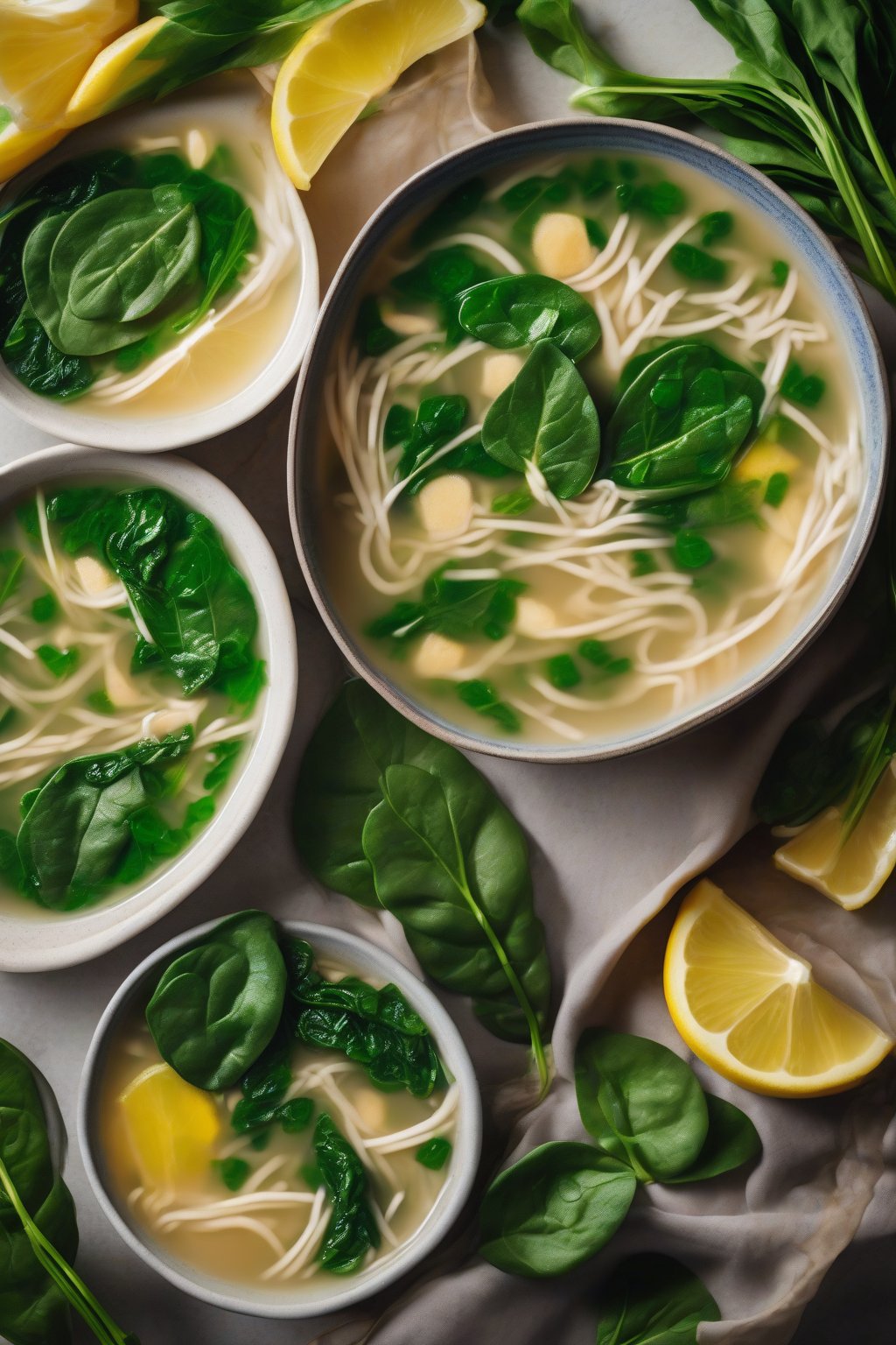 A high-resolution photo of vibrant ginger lemon miso soup with floating spinach leaves, under soft lighting.