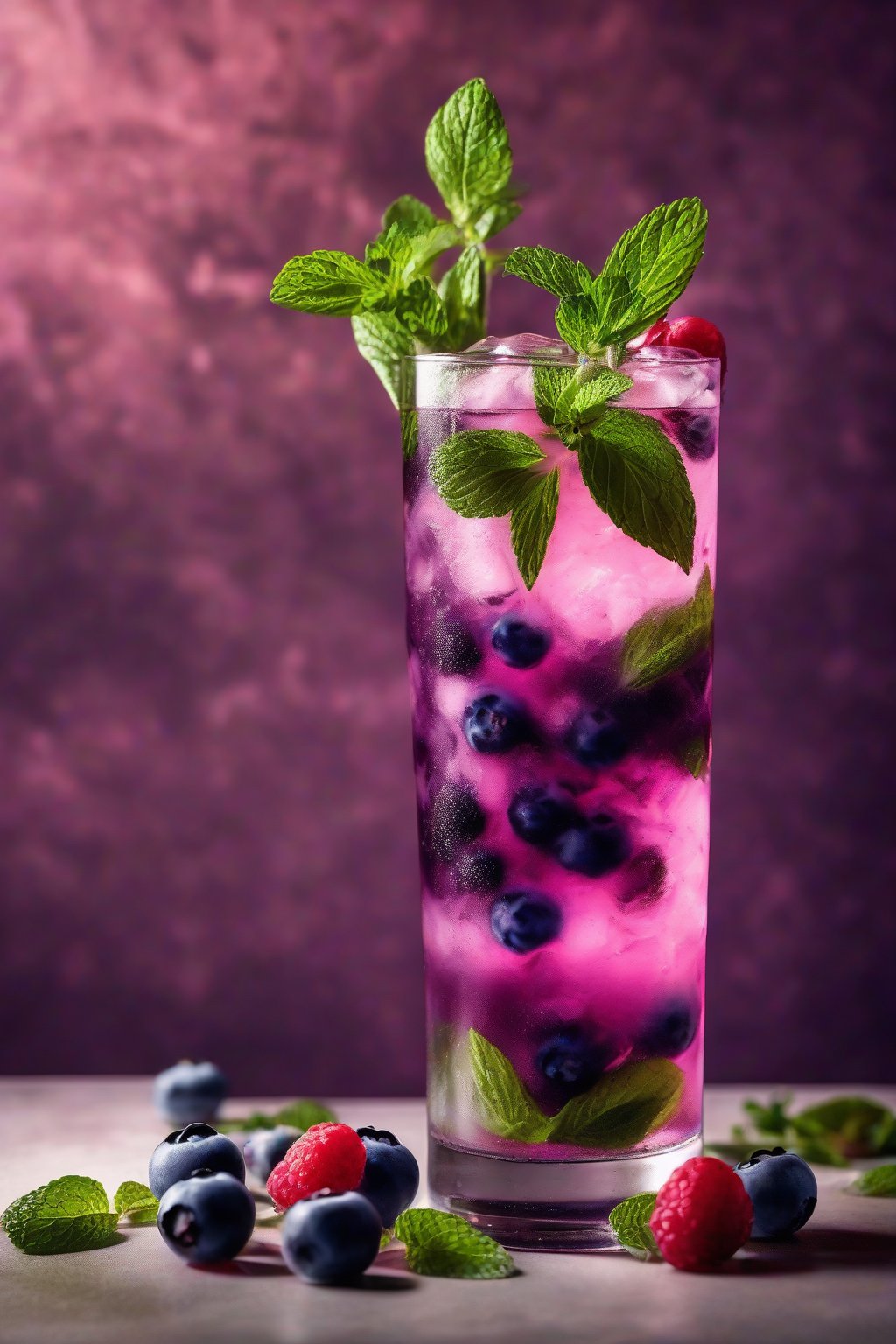 A high-resolution photo of a blueberry mojito with floating berries and mint sprig, deep purple tones in a highball glass, under soft lighting.