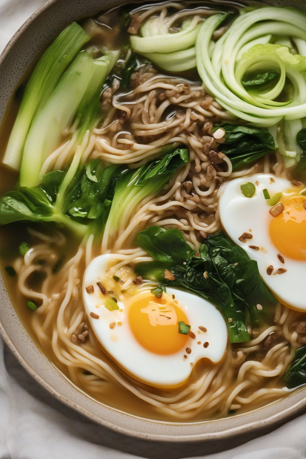 A high-resolution photo of noodle miso soup topped with a halved egg and bok choy, in a deep bowl, under soft lighting.