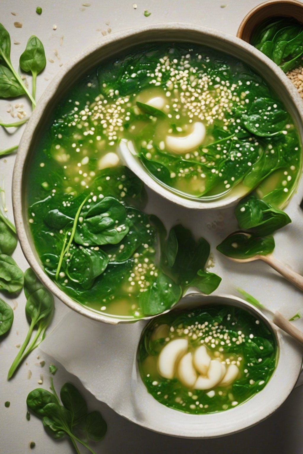 A high-resolution photo of green-packed spinach garlic miso soup sprinkled with sesame seeds, under soft lighting.