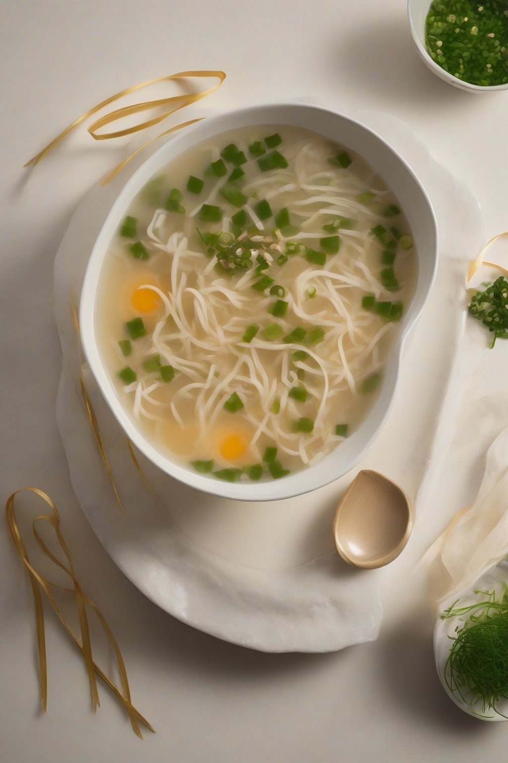 A high-resolution photo of egg drop miso soup with golden ribbons and chives, under soft lighting.