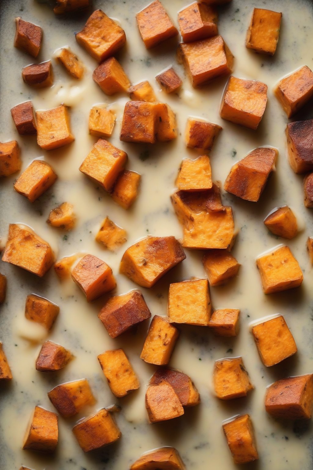 A high-resolution photo of sweet potato chunks in creamy miso soup with cinnamon dusting, under soft lighting.