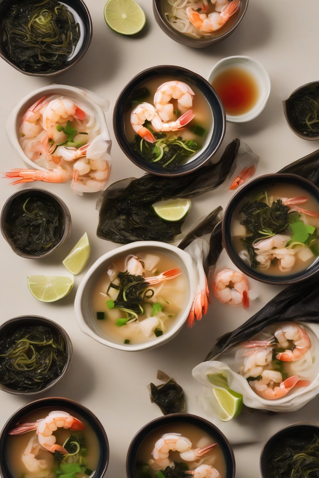 A high-resolution photo of shrimp miso soup with rehydrated seaweed and lime, under soft lighting.