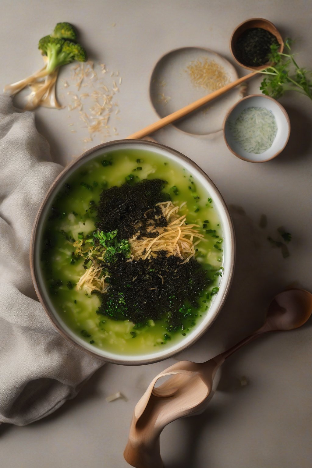 A high-resolution photo of broccoli miso soup with nori flakes, steam rising, under soft lighting.