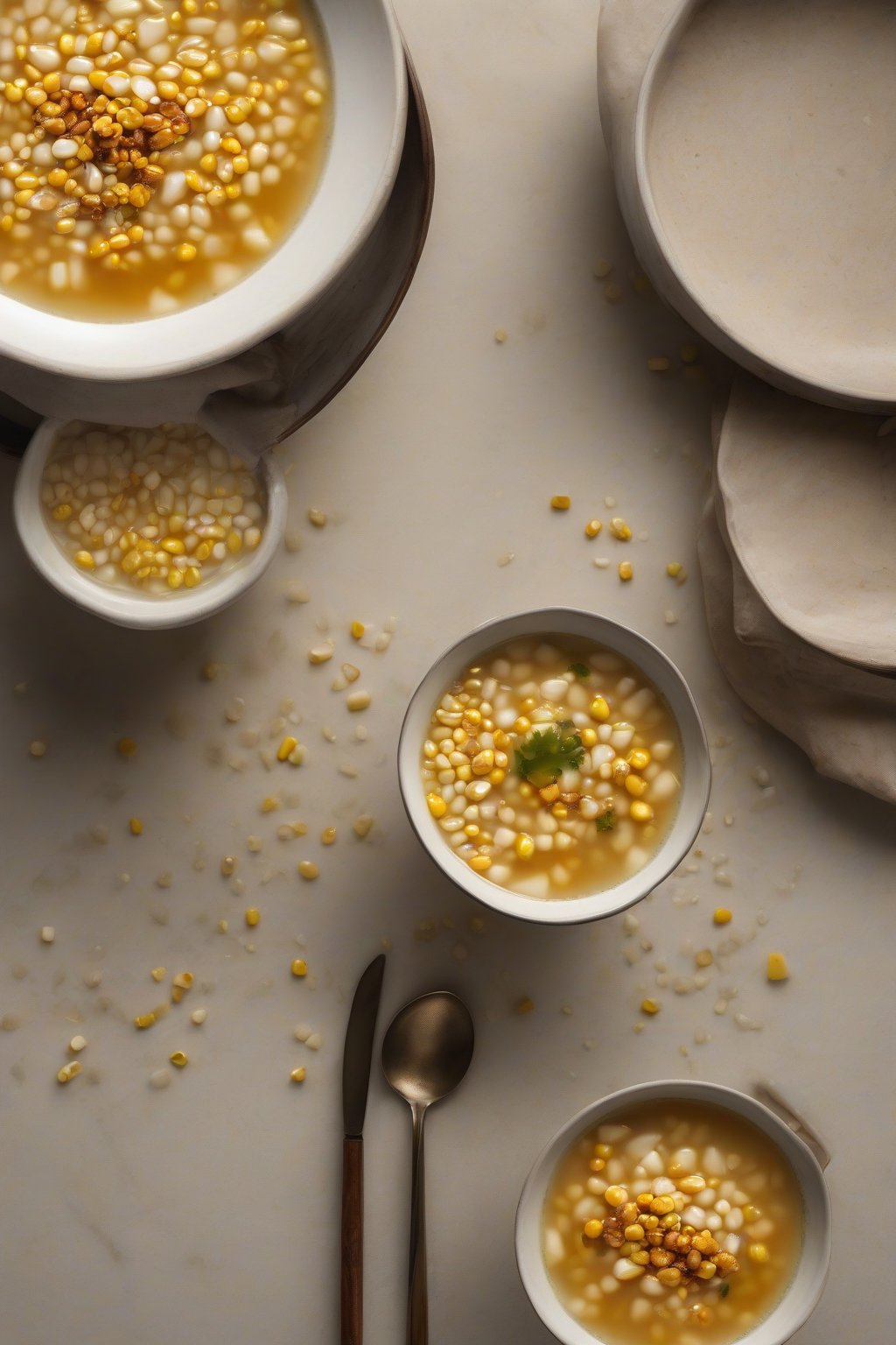 A high-resolution photo of buttery corn miso soup with golden kernels, under soft lighting.
