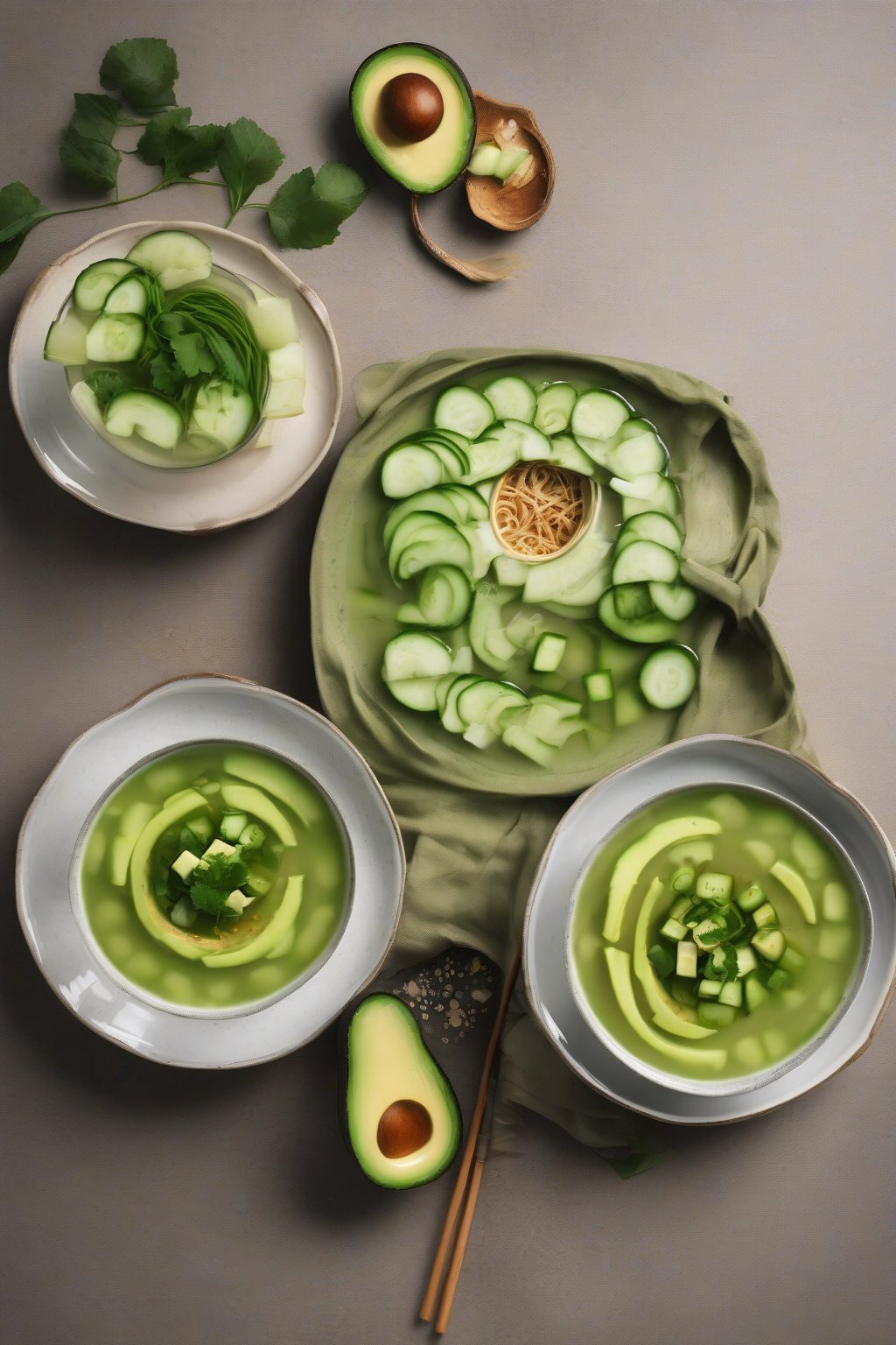 A high-resolution photo of avocado miso soup with cucumber slices, under soft lighting.