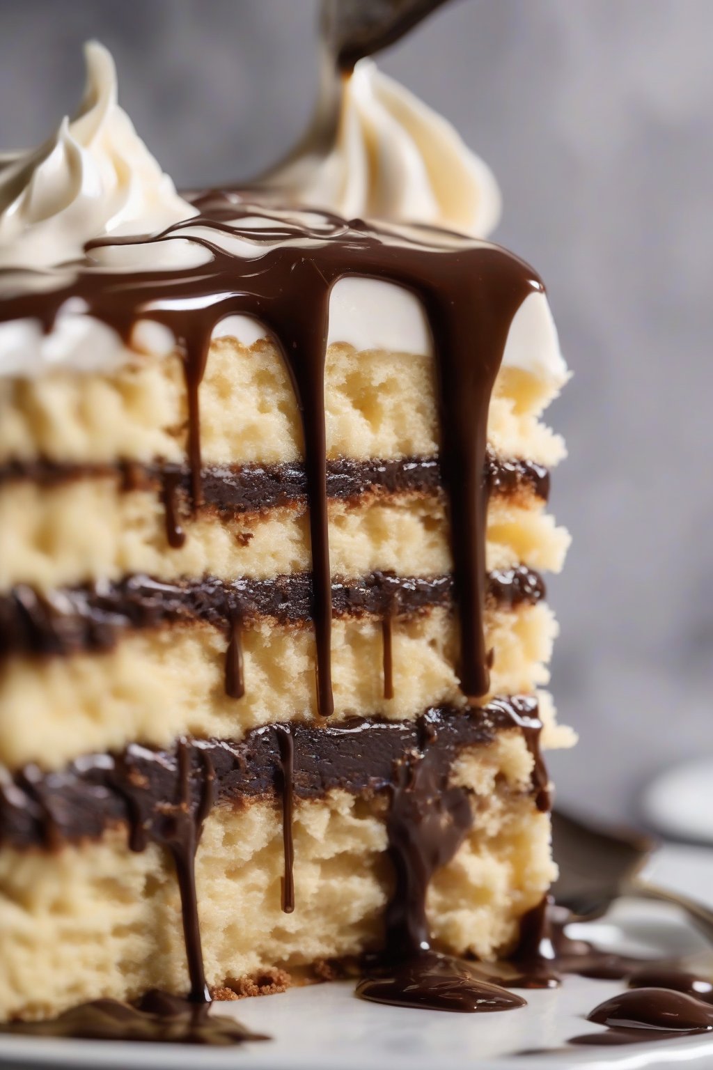 A close-up photo of chocolate soaked Tres Leches cake, glossy ganache dripping over moist layers under soft lighting.