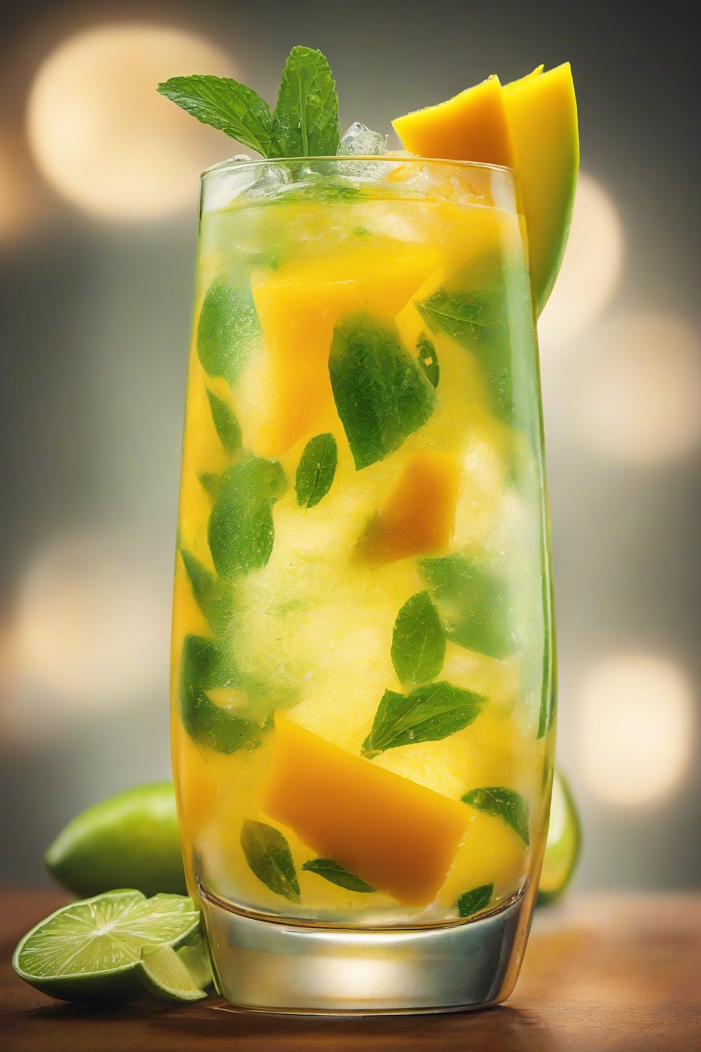 A high-resolution photo of a mango mojito garnished with mango slices and lime, vibrant orange flecks in a sweating glass, under soft lighting.